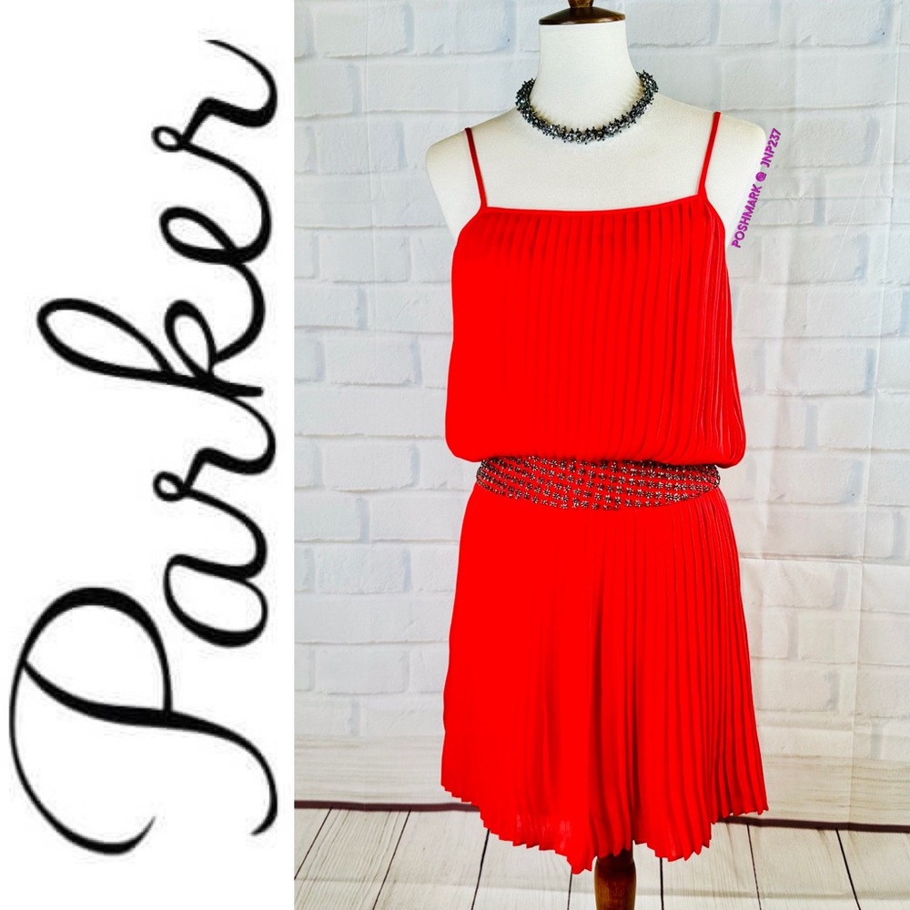 { Parker NY } : Embellished Shockwave Pleated Dress in Red